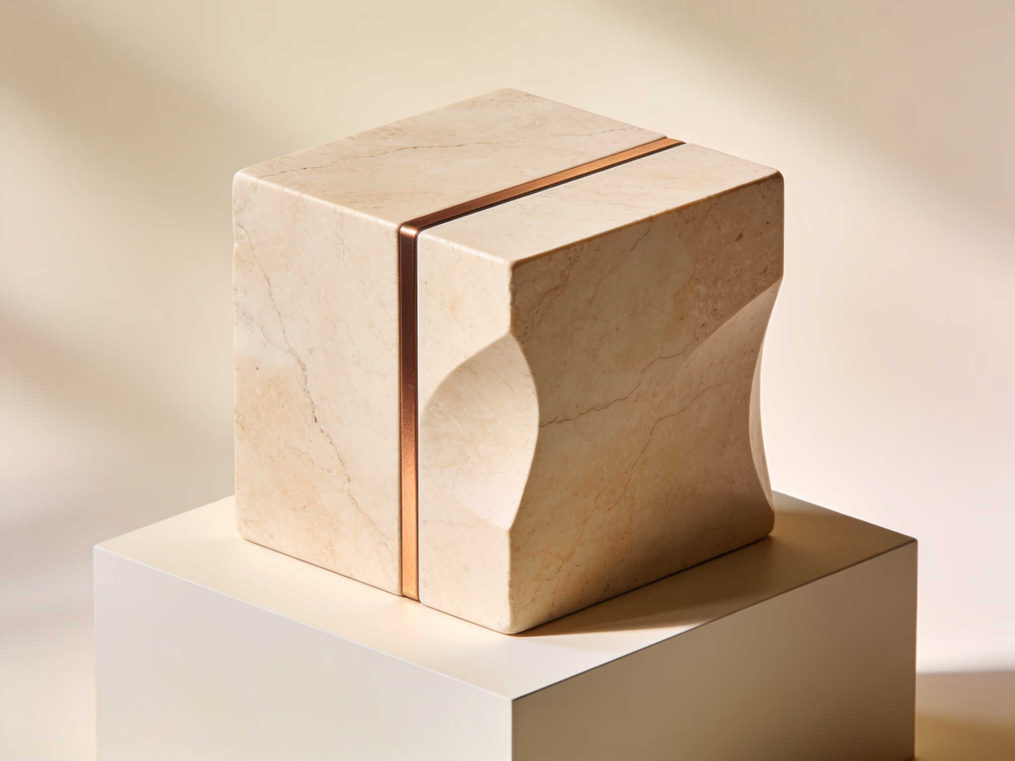 Volume architectural en travertin clair avec un filet de bronze, sur fond ivoire
